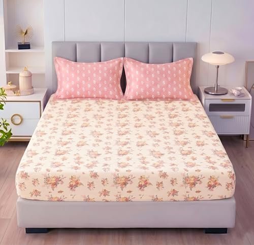 BSB HOME 240 TC Cotton Feel Fitted Bedsheet for Double Bed, All-Round Elastic Deep Pocket, Soft Breathable Wrinkle Resistant & Skin Friendly Bed Sheet, Easy Care, 72 x 72 + 10 Inches – Blossom Pink