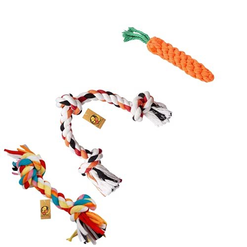 Foodie Puppies Durable Cotton Rope Chew Toy (3 in 1 Combo) | Chewing, Playing, Teething and Training for Small to Medium Size Dogs and Puppies (2Knot + 3Knot + Carrot Rope)