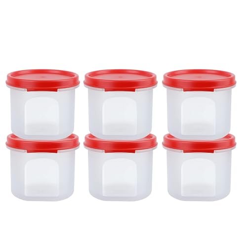 SIMPARTE Smart Slim Storage Air-Tight & Leak Resistant Round Modular Container for Juice, Snacks, Spices, Condiments, Dry Fruits, Stackable, BPA Free, Refrigerator Safe (250ml, Set of 6, Red)