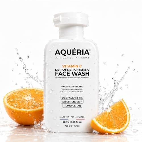 Aqueria De-Tan & Brightening Vitamin C Face Wash | With Lactic Acid & Niacinamide | Deep Cleansing Face Cleanser for Tan Removal, Pigmentation, Dark Spots, Dull & Uneven Skin Tone | Brightens Skin & Gently Exfoliates | Non-Drying Formula for All Skin Types | 200ml | Men & Women Gentle Cleanser