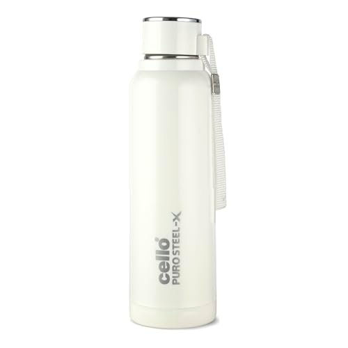 Cello Puro Steel-X Benz 900 PU Insulated Water Bottle 900 ml, White | BPA Free, Leakproof, ISI Certified |Hot & Cold Bottle for Gym, Office, College, Travel, Camping, Indoor & Outdoor Sports & Yoga