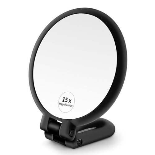 Click Charm Portable Hand Mirror Magnifying Makeup Travel Compact Double Sided Cosmetic Folding Adjustable Handle Handheld Desk Small Women’s Men’s Grooming Beauty ​ (Black Mirror Round)