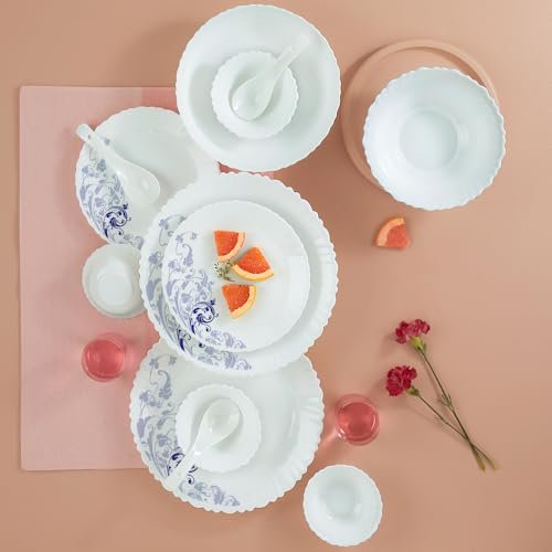 Larah by Borosil 35 Pieces Opalware Dinner Set | for Family of 6 | Microwave & Dishwasher Safe | Bone-Ash Free | Crockery Set for Dining & Gifting | Plates & Bowls (Blue EVE)