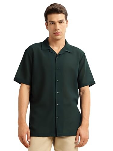 Thomas Scott Men Premium Oversize Fit Casual Shirt | Short Sleeves | Camp Collar | Thai Crepe Polyester Fabric (TS1932_Green_S)