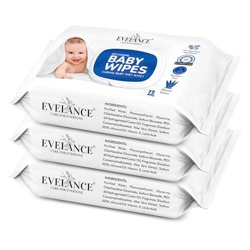 EVELANCE Soft Cleansing Baby Wipes with Lid | 72 Wipes x 3-216 Wipes | Extra Thick & Moist Wet Wipes for Baby’s | Prevents Rashes & Redness with Goodness of Aloe Vera Vitamin E | pH Balanced