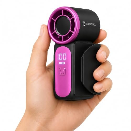 Portronics Toofan Nano Rechargeable Handheld Mini Fan, 3000mAh Battery, 18000 RPM High-Speed Airflow, BLDC Motor, 5 Speed Modes, LED Display, Type-C Fast Charging, For Travel, Office, Makeup & Outdoor