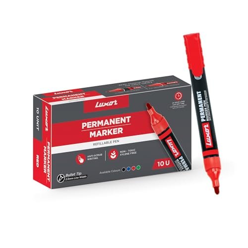 Luxor Refillable Permanent Marker in Vibrant Red, Pack of 10, Perfect for Bright and Sustainable Writing