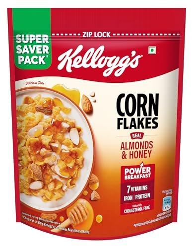 Kellogg’s Corn Flakes Real Almond Honey 1kg | High in Iron, Vitamin B1, B2, B3, B6 & C | Naturally Cholesterol Free | Corn Flakes, Breakfast Cereal