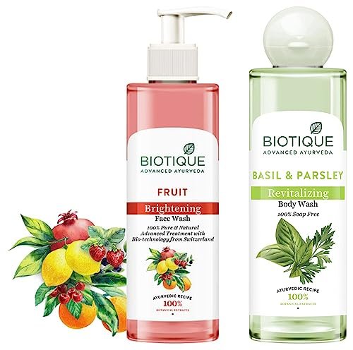 Biotique Fruit Brightning Face Wash, 200ml & Biotique Basil & Parsley Revitalizing Body Wash, 200ml