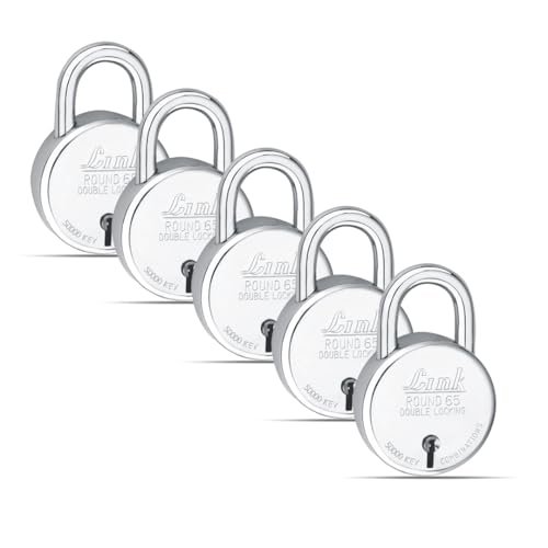 Link® 65mm New Round Padlocks 5Pcs Set | 50,000 Key Combinations | Made in India | Double Locking| Steel Body | Iron Lever | 3 Keys for Each Padlock