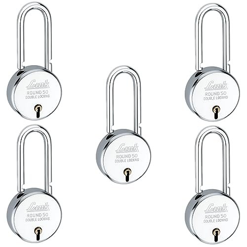 Link® 50mm New Round Long Shackle Padlock 5Pcs Set | 50,000 Key Combinations | Made in India | Double Locking | Steel Body | Iron Lever| 3 Keys for Each Padlock