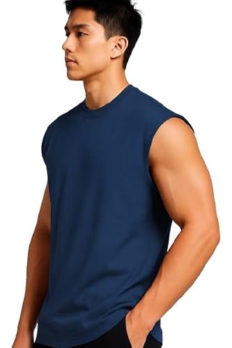 Men Solid Sleeveless T-Shirt with Crew Neck for Gym, Sports and Casual Wear – Navy Blue, Size XL