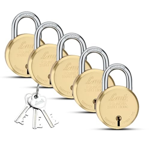 Link 65mm New Brass Round Padlocks 5Pcs Set | 50000 Computerised Key Combinations | Double Locking | Brass Body | Brass Liver | Made in India | 3 Keys for Each Padlock