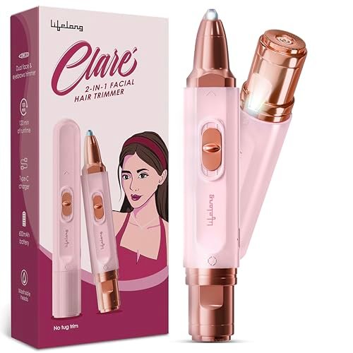 Lifelong 2in1 Face & Eyebrow Trimmer for Woman |Painless Portable Gentle Face Mini Hair Remover |TypeC Rechargeable Facial Hair Removal Machine |Upper Lips, Chin, Ear & Nose |Focus Light, 2Hr Runtime