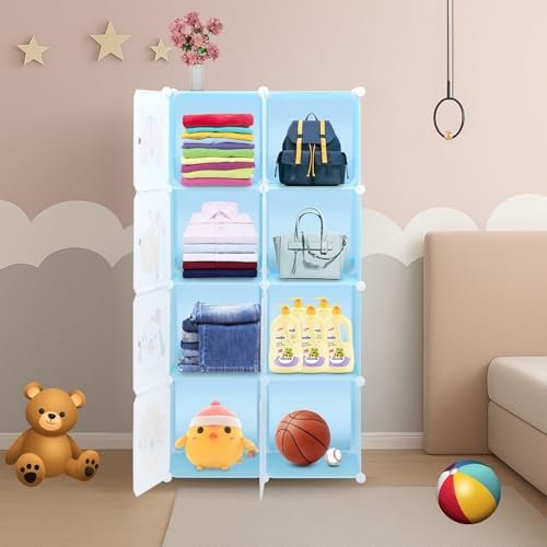 Little Olive Animal Friendly Wardrobe | 8 Cube Modular Plastic Storage Cabinet for Kids | Blue Matte Toy and Clothes Organizer Unit | Lightweight Children Bedroom Furniture