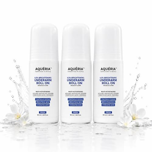 Aqueria Underarm Brightening Roll-On for Men & Women | Lactic Acid, Fermented Rice Water & Glycerine | Helps Reduce Dark Underarms, Pigmentation & Uneven Skin Tone | Controls Body Odour | Fresh Fragrance | Pack of 3 (150ml)