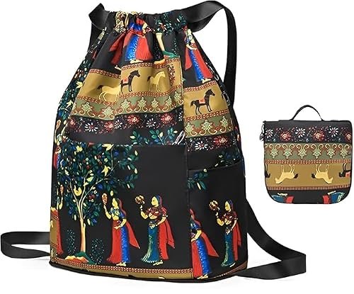 JASCIA Drawstring Backpack for Women & Girls, Traditional Rajasthani Print Sling Bag with Adjustable Shoulder Strap, Foldable Lightweight Travel Backpack Shopping, Picnic & Daily Use