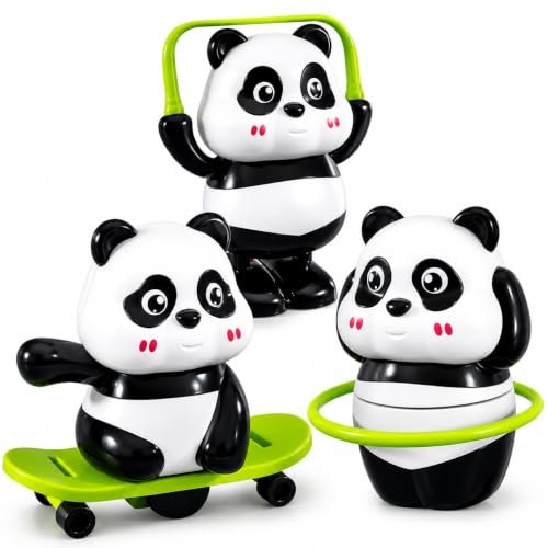 AKSHRESH HOMES Panda Toy Set for Kids 3 Pcs, Cute Moving & Rotating Action Figures with Skateboard, Hoop and Handle Designs | Interactive Plastic Play Toys for Boys & Girls Age 3 Years and Above