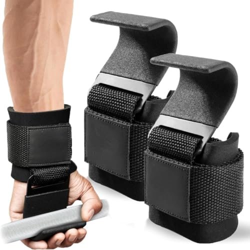 Weight Lifting Hooks for Men & Women, Gym Wrist Straps with Steel Hooks, Adjustable Hook & Loop Closure, Pair of Weightlifting Grip Support for Deadlifts, Pull Ups, Shrugs, Rows & Strength Training, Black
