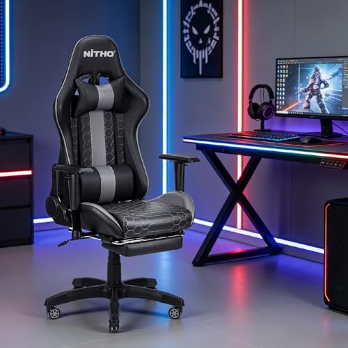 NiTHO ACE Gaming Chair with Foldable Footrest | Ergonomic Reclining Computer Desk Chair with Head & Lumbar Pillows, Adjustable Armrests, 135° Tilt, Swivel Office Chair for Gaming or Home Office, Black