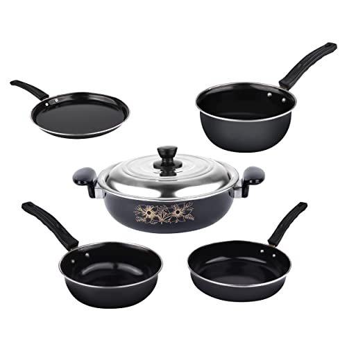 ATEVON 5-Piece Nonstick Cookware Set in Black – Includes Kadai with Lid, Large & Small Tadka, Frying Pan, Tawa, and Kitchen Tools – Ideal Gift for Home Chef