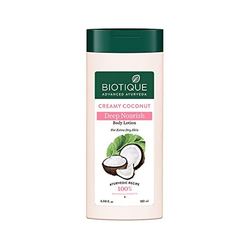Biotique Creamy Coconut Deep Nourish Body lotion For Extra Dry Skin | Heals, Repairs, and Soothes the Skin | Moisturizing and Skin-Humidifying | 100% Botanical Extracts| All Skin Types | 180ml