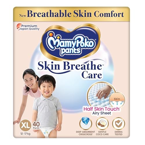 MamyPoko Pants Skin Breathe Care | Baby Diapers Extra Large Size (XL) | 40 Count | 12-17Kgs | Half Skin Touch Airy Sheet | 3X Breathable | Derma Tested