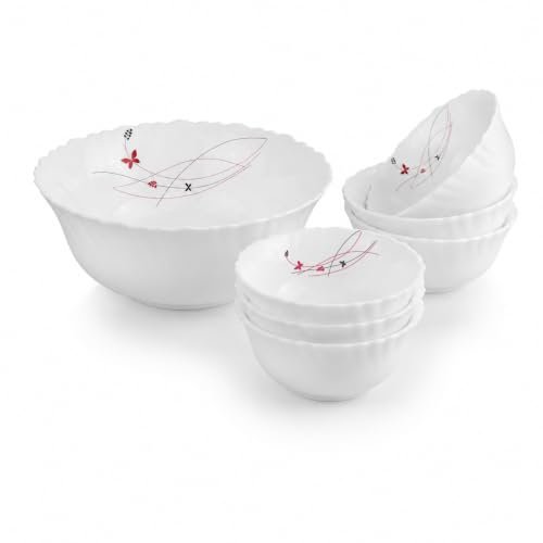 Cello Lush Fiesta Dazzle Series Opalware Pudding Bowls Set of 7 Pieces White | 6 x 180ml Veg Bowls, 1 x 790ml Serving Bowl, Leadfree Microwave Safe Opal Glass Bowls Crockery Set for Dining & Gifting