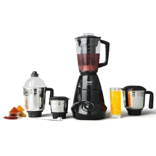 Prestige Iris 750 Watt Mixer Grinder with 4 Jars (3 Stainless Steel + 1 Juicer) | Super Efficient SS Blades | Black | 2Y Warranty | ISI Certified