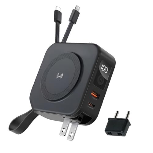 CALLMATE Explorer 18W Wireless Fast Charging 10000mAh Power Bank & Charger with Mobile Stand, USB & Type C PD Output with Built in Cable (Light-ning & Type C), AC Input(Lithium Polymer,Black)
