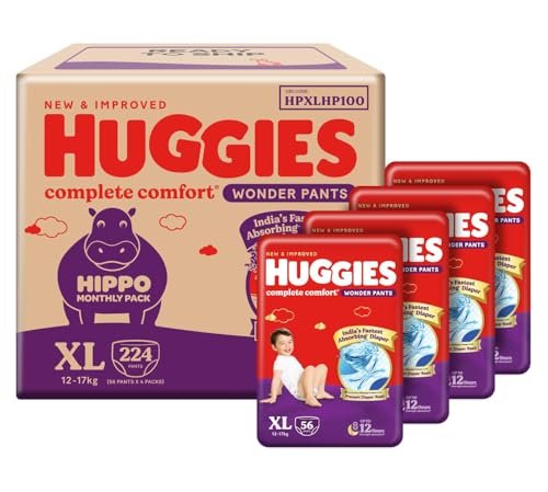 Huggies Complete Comfort Wonder Pants | Pant Style Baby Diapers Extra Large Size, 224 Count | India’s Fastest Absorbing diaper, Clinically Proven to Prevent Diaper Rash | Ideal for 12 to 17 Kgs (56 count, Pack of 4)