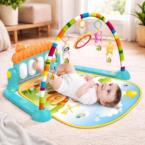MiniExplorer Play Mat for Babies 0-12 Months | Play Gym for Babies 0-12 Months with Kick & Play Piano | Baby Play Mat 0-2 Years | Newborn Toys 0-6 Months | Baby Gym Mat with Hanging Toys