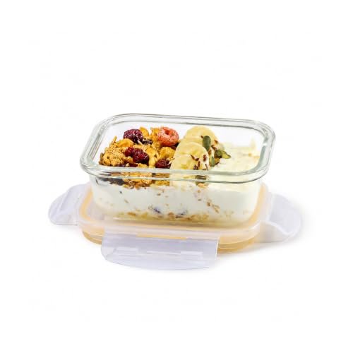 CELLO Fit & Fresh Rectangle Lunch Box Container for Daily Use 370 ml, Clear | Microwave & Fridge Safe Toughened Glass Airtight Food Storage Tiffin Box Container for Kitchen, Travel & Office Use