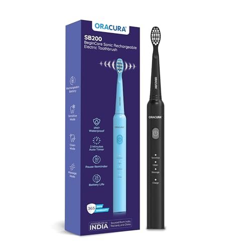 ORACURA SB200 Black Electric Toothbrush for Men & Women, 1 Year Warranty, 36,000 strokes/min, 3 Modes, IPX7 Waterproof, 25 Days Charging Time Cycle, 2 Mins Auto-Timer