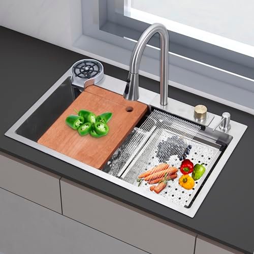 Plantex 304 Grade Stainless Steel Kitchen Sink/Waterfall Kitchen Sink with Anti-Scratch Design/Sink with Pull-Down Faucet – (30 X 18 X 10 Inch, Matt)