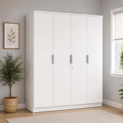 Nilkamal Joyce 4 Door Wooden Wardrobe for Bedroom | Almirah with 13 Shelves & 1 Hanging Rod | Clothes Cupboard | Engineered Wood | Frosty White