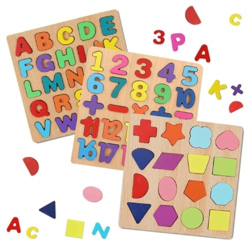 Wooden Alphabet Puzzle Board For Kids With Numbers & Shapes, 3D Capital Letters Learning Toy Set For Toddlers, Educational Montessori Activity Board For Early Learning, Recognition & Skill Development