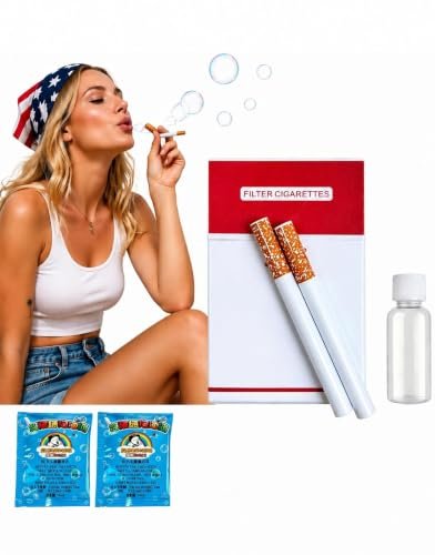 Bubble Blowing Toy Set with Cigarette Style Bubble Blowers, Bubble Solution Bottle, Storage Box and Bubble Refill Sachets for Kids and Party Activities