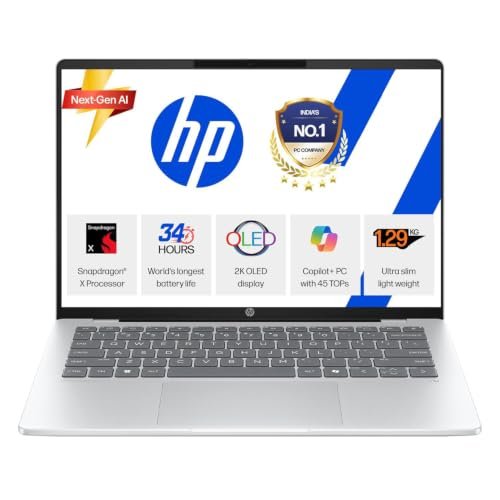 HP OmniBook 5 OLED (Previously Pavilion), Snapdragon X Processor 45 Tops (16GB LPDDR5x, 1 TB SSD), 2K 14”/35.6cm, Win11, Office24, Silver, 1.29kg, he0015QU, Multi-Day Battery, AI Laptop
