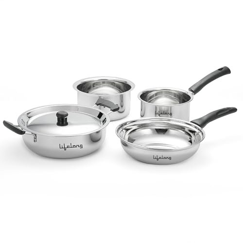 Lifelong 4 Pc Stainless Steel Cookware Set | 2.2L Kadhai with Lid 22cm | 1.4L Fry Pan 22cm | 1.2L Saucepan 14cm |1.4L Tope 16cm | Comes with Common Lid | Induction & Gas Compatible |Bakelite Handles