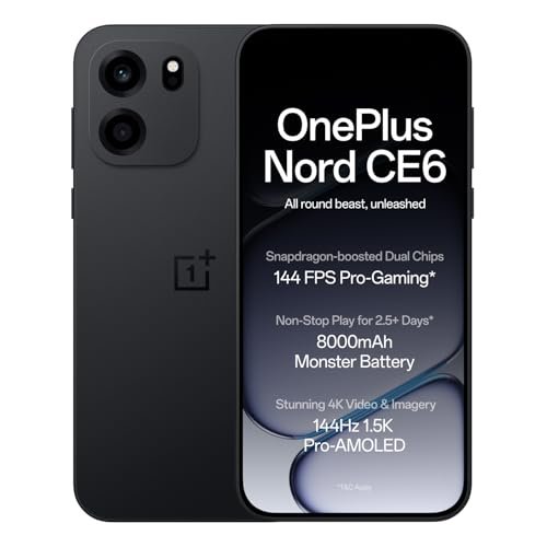 OnePlus Nord CE6 | 8GB+128GB | Pitch Black | Snapdragon 7s Gen 4 | Segment’s Fastest Touch Response | 8000mAh Battery | 144Hz 1.5K AMOLED Display | 50MP Main + 32MP Selfie 4K Cameras | IP66,68,69,69K