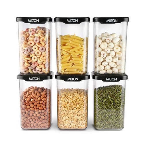 MILTON Square Premium Containers for Kitchen Storage Set of 6 (1100 ml each) Food Grade, BPA Free I Stackable, Transparent I Durable, Multi-purpose, Space Saving, Black