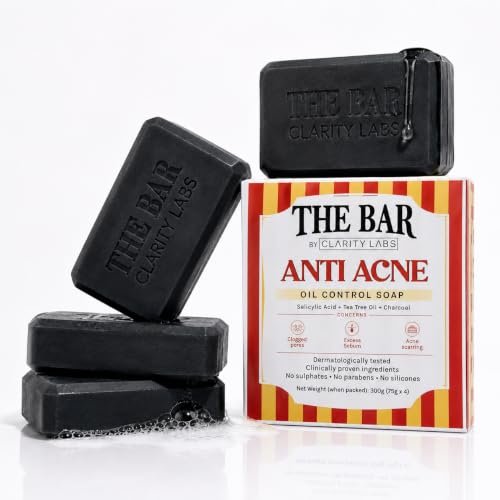 ClarityLabs Oil Control Anti Acne Soap For Face & Body | Pack of 4 | With Salicylic Acid, Zinc PCA, Charcoal, Tea Tree Oil & Vitamin C | Reduces Dark Spots, Acne, Strawberry Skin & Body Acne | Regulates Sebum & Reduces imfllamation | For Women & Men | 4 Soaps Pack