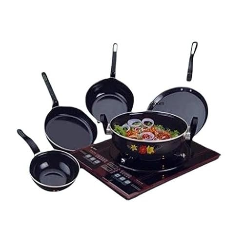 Nonstick cast Iron Induction Base cookware Set of 5 Pieces kadai Sauce pan Fry pan tawa tadka pan for Home Kitchen Black Free Size