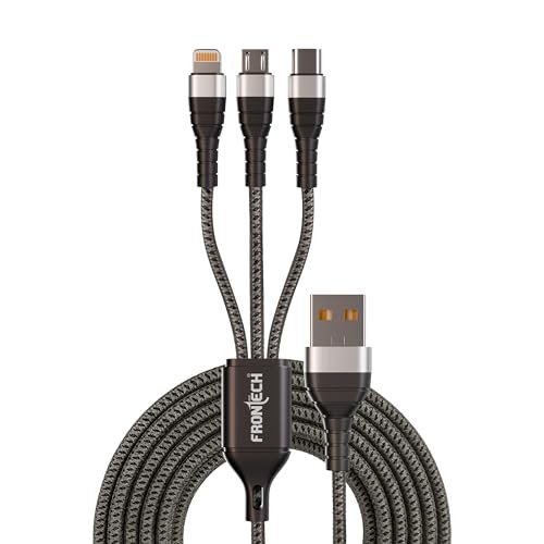 FRONTECH 17W 3-in-1 Multi Fast Charging USB Cable | Type-C, Micro USB & 8 Pin Port | 1.2 Meter Braided Cable | Smart Chip Protection | Grey/Black (FT-1053)