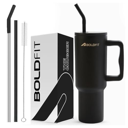 Boldfit Tumbler Bottle with Lid and Straw 1.2L Stainless Steel Water Tumbler | Leakproof Travel Mug with Handle & Reusable Straw Sipper with Cleaning Brush 1200ml
