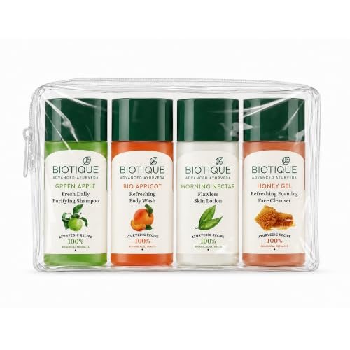 Biotique Travel Kit | Includes Green Apple, Bio Apricot, Morning Nectar & Honey Gel | Mini Skincare & Haircare Essentials for Travel | Enriched with 100% Botanical Extracts