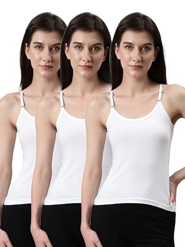 Dixcy Slimz Solid Slim Fit Scoop Neck Sleeveless Cotton Camisole for Women(Annie_White_L_Pack of 3