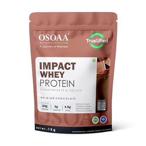 OSOAA Impact Whey Protein 1kg- Belgian Chocolate | Isolate & Concentrate | 24g Protein & 3g Creatine with 5X Digestive Enzymes | Trustified Certified & NABL Lab Tested