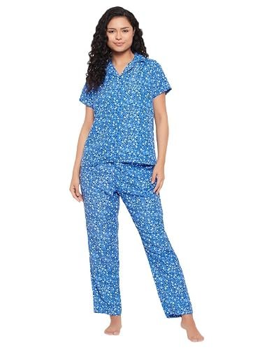 Clovia Women’s Rayon Printed Shirt & Pyjama Set (Ls0636H08_Blue_L)